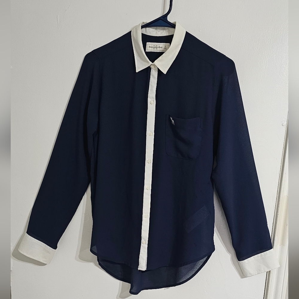 Abercrombie & Fitch Women's Sheer Button Down Blouse S Blue Longer Back Preppy